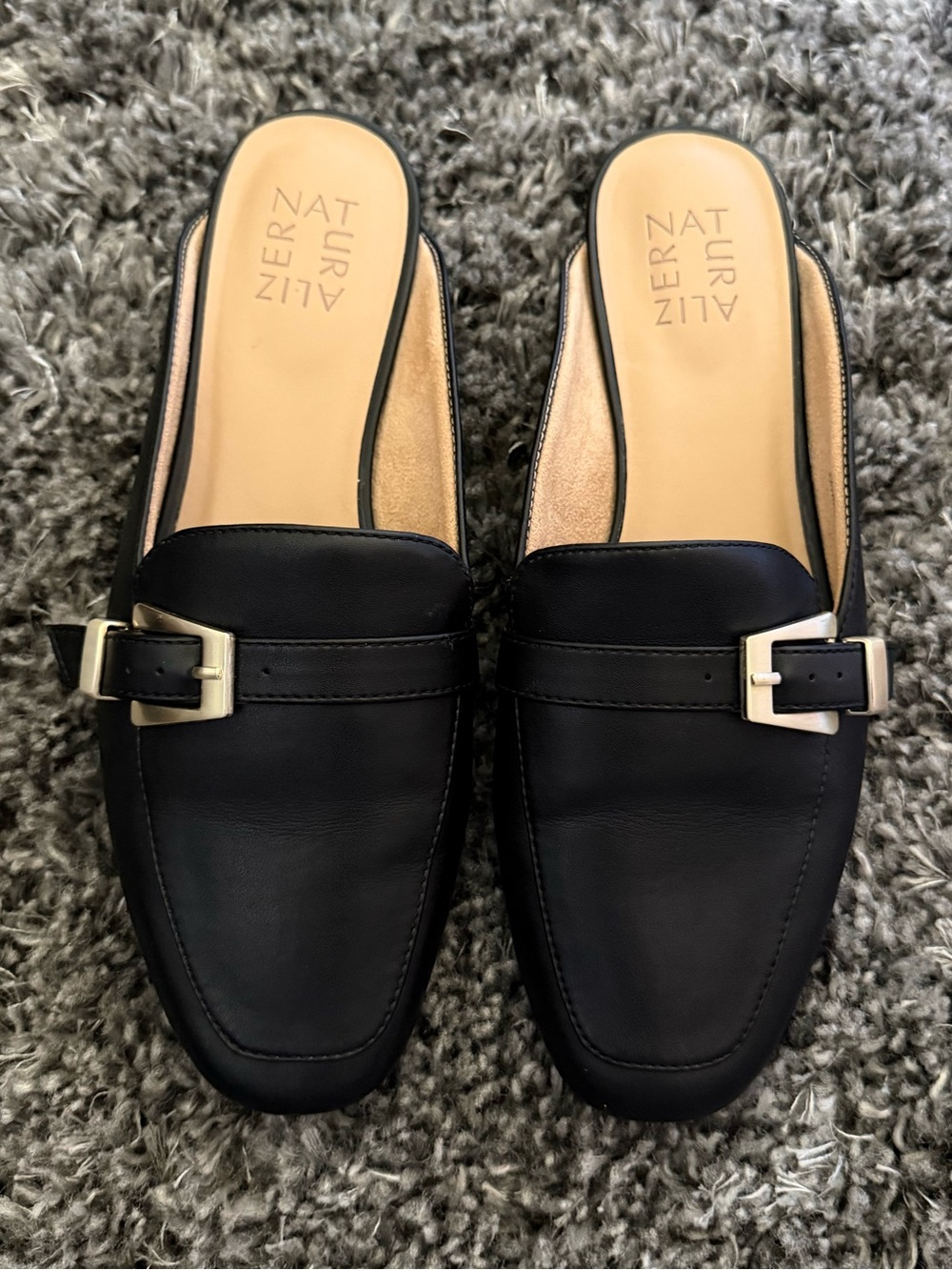 Naturalizer Black Leather Slip-On Mules with Gold Buckle